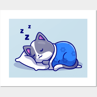 Cute Cat Sleeping With Pillow And Blanket Cartoon Posters and Art